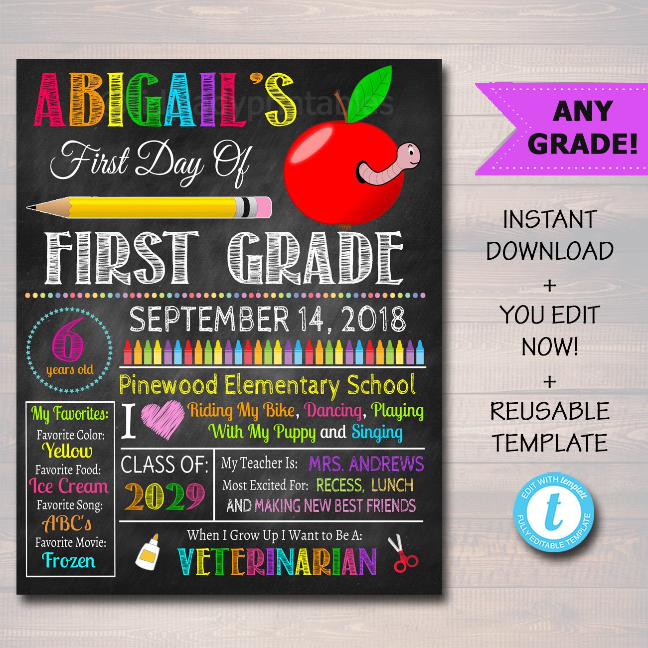 Editable First Day Of School Signs For Any Grade