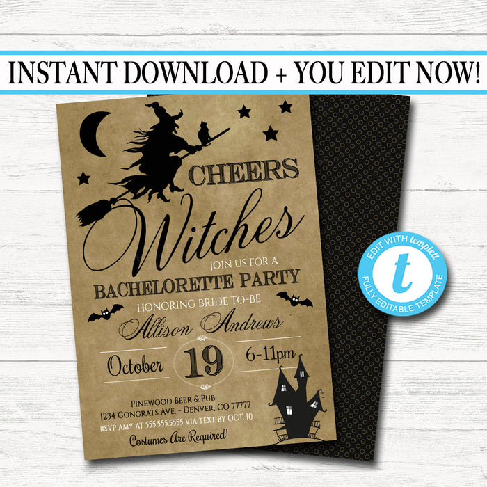 Halloween Bridal Shower Party Invitation, Wedding Halloween Bachelorette Invite, Drink Up Witches, Cheers Witches,