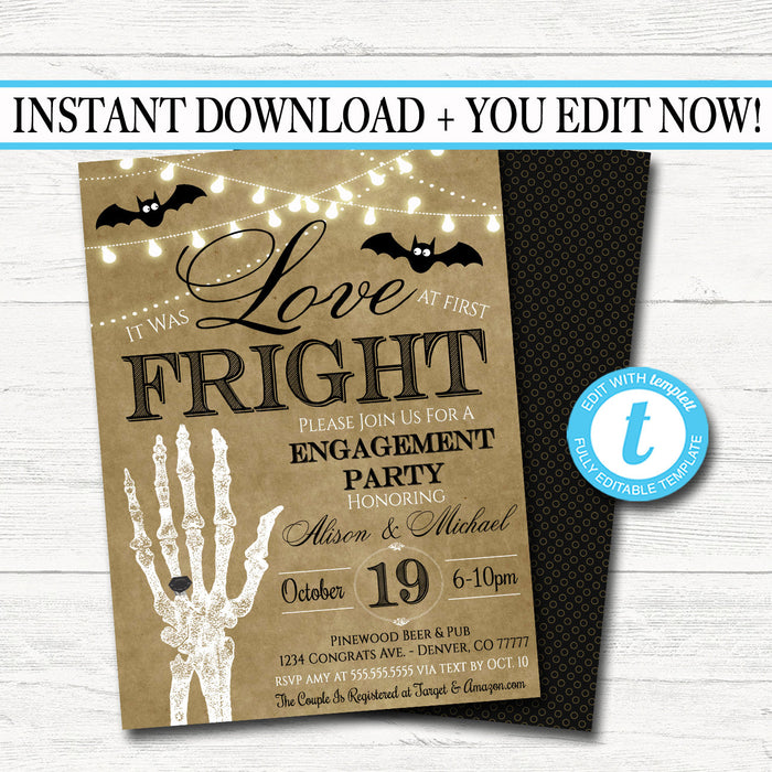 Halloween Bridal Couples Shower Party Invitation, Wedding Halloween Bachelorette Invite Love at First Fright,