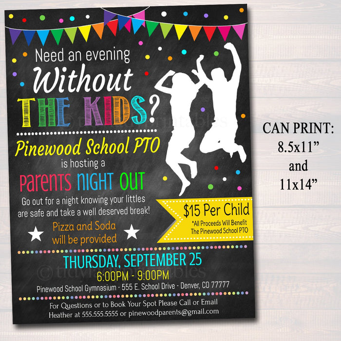 Parents Night Out Invite & Flyer - School Family Fundraiser Event - Editable DIY Template