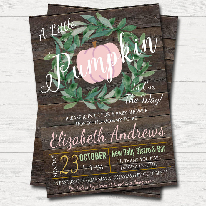 Girl Rustic Fall Baby Couples Shower Party Invitation, Halloween Shower Invite, A little Pumpkin is on it's Way!
