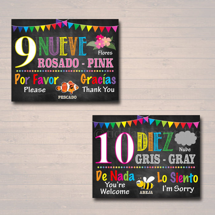 Spanish Classroom Printable Poster Set, Elementary Middle School Teacher Printables, Vocabulary Colors Numbers