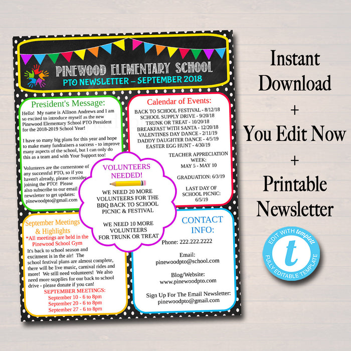 PTO PTA Newsletter Flyer - Editable DIY Template