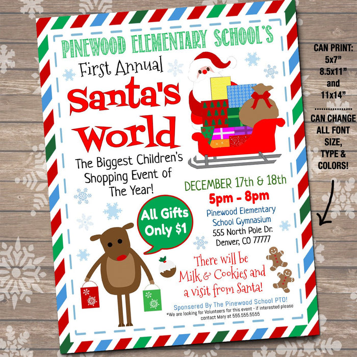 Children's Xmas Shopping Flyer, Breakfast with Santa, Kids Christmas Shopping Invitation, School Pto Fundraiser Holiday Event Flyer