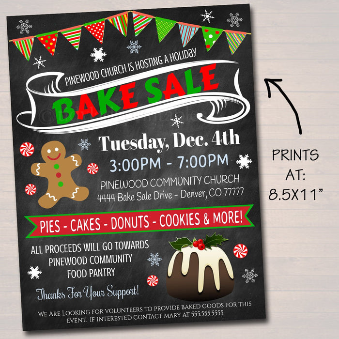 Holiday Bake Sale Flyer, Printable PTA PTO, School Family Fundraiser Event, Christmas Bakery, Church Printable  Invitation