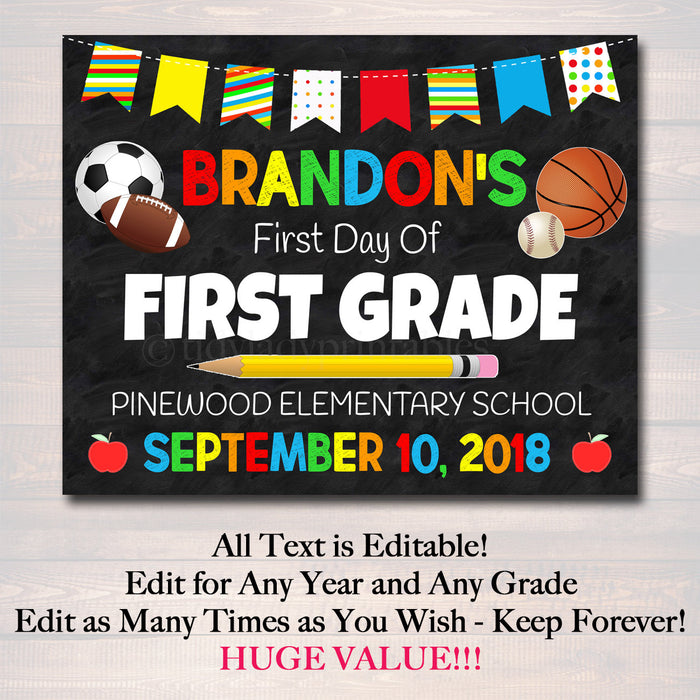First Day Of School Sign Sports Theme - Personalized Photo Prop Template