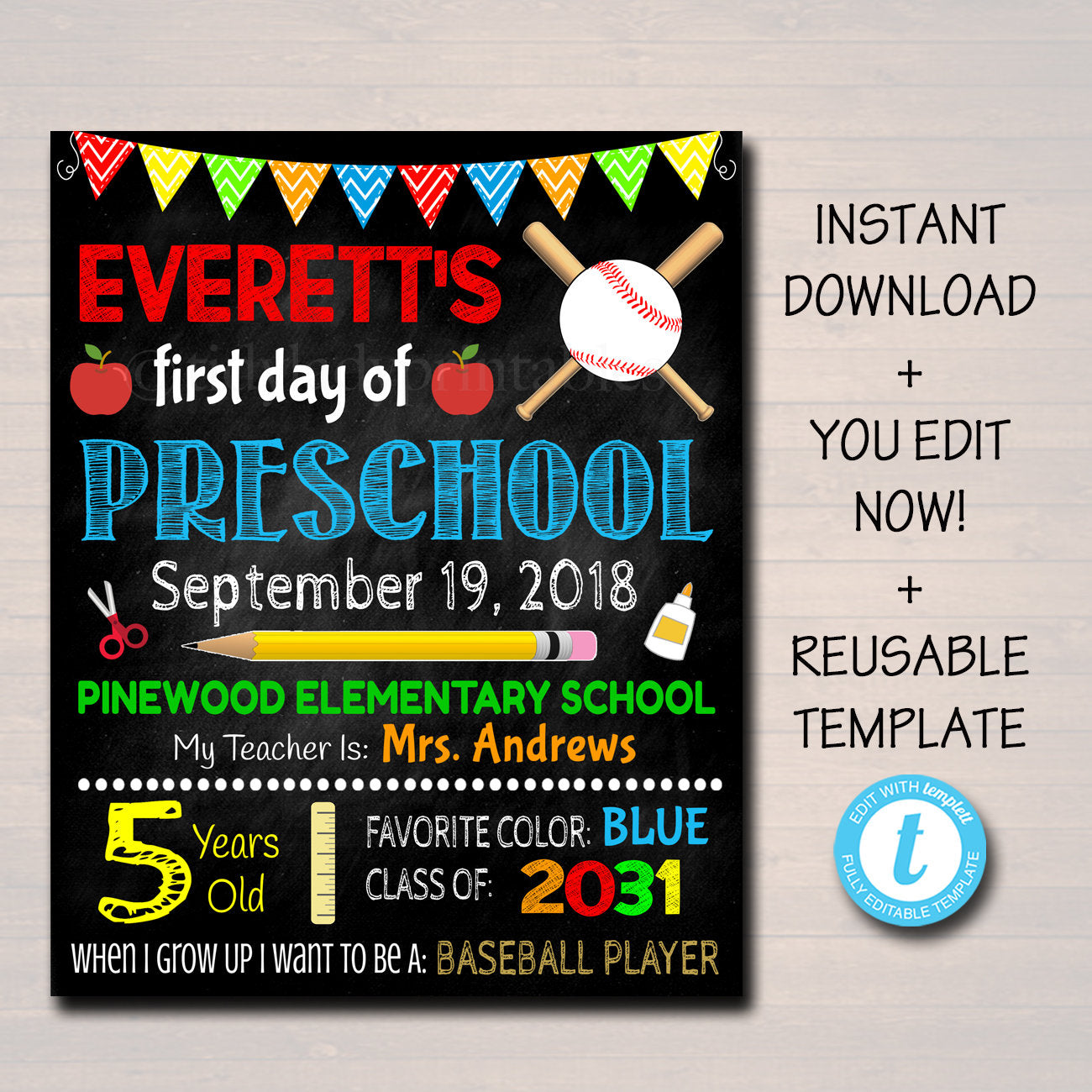 first-day-of-school-baseball-sign-tidylady-printables for Free Printable First Day Of Preschool Sign 2018 First Day Of School Baseball Sign | TidyLady Printables for Free Printable First Day Of Preschool Sign 2018