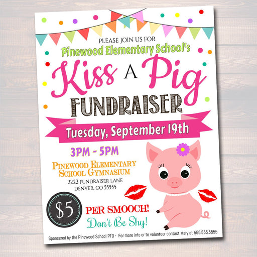 EDITABLE Kiss A Pig Fundraiser Flyer, Printable Handout, School Fundraiser Event, Church, Nonprofit PTO PTA Event, Instant Download Template