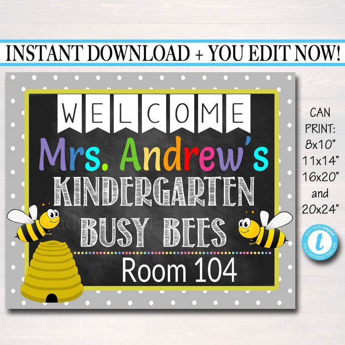 Printable Teacher Classroom Door Sign - Bee Theme - Editable DIY Template