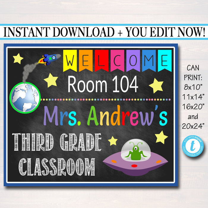 Outer Space Theme Teacher Classroom Door Sign - Editable DIY Template