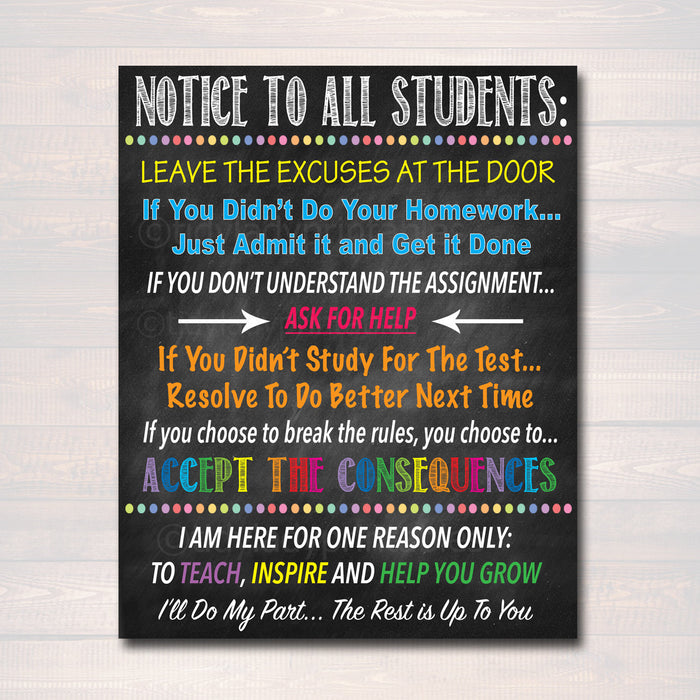 Notice To All Students Classroom Teacher Poster Sign
