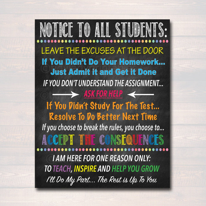 Notice To All Students Classroom Teacher Poster Sign, School Class Rules Digital Art, No Excuses Sign, Consequences Poster INSTANT DOWNLOAD