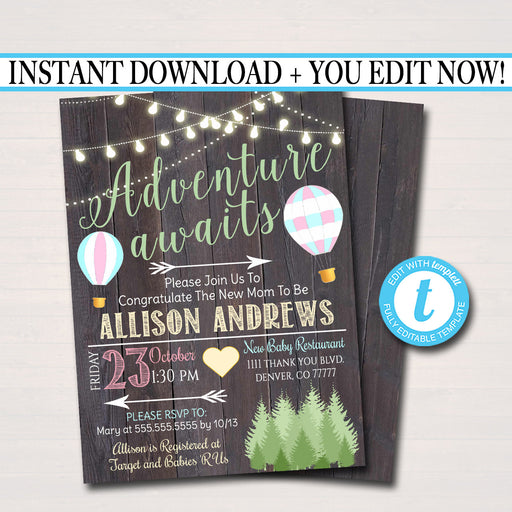 Editable Adventure Awaits Baby Shower Invitation, Faux Wood Boho Printable Rustic Baby Sprinkle Couples Shower Party Invite INSTANT DOWNLOAD