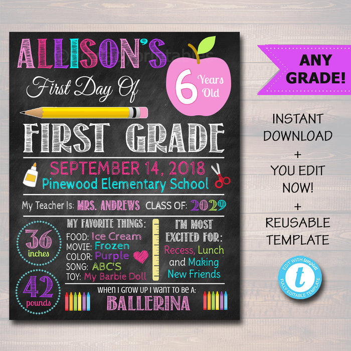Back to School Sign, First Day of School Chalkboard Poster Personalized School Chalkboard Sign, Any Grade Sign, 1st Day of School, Editable