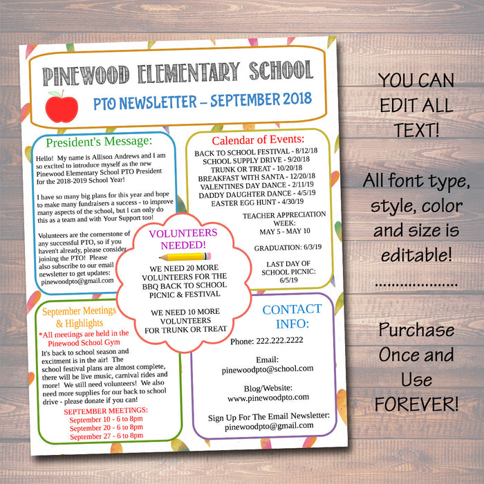 PTO PTA Newsletter Flyer - Printable Template Handout