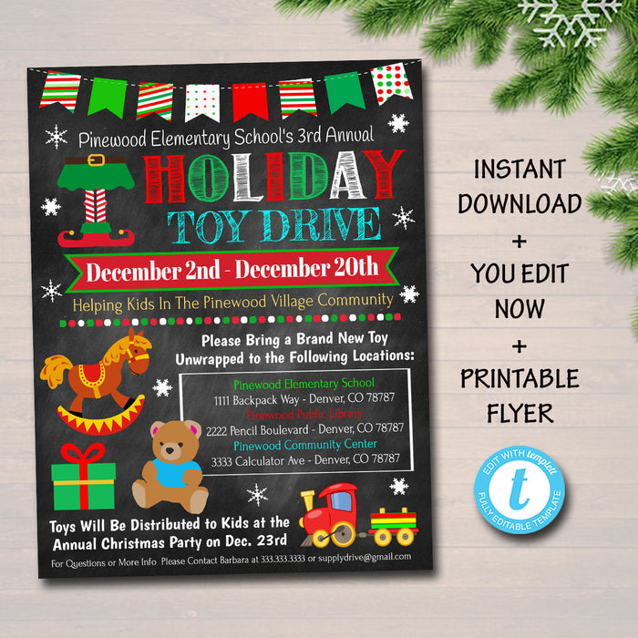 Holiday Toy Drive Flyer, Printable PTA PTO Flyer, School Church Xmas Fundraiser Poster Christmas Invite, Pto Pta Charity Invitation