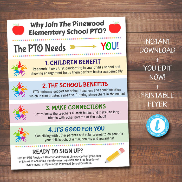 PTO PTA Recruitment Flyer - "Why Join" Volunteer Handout Template
