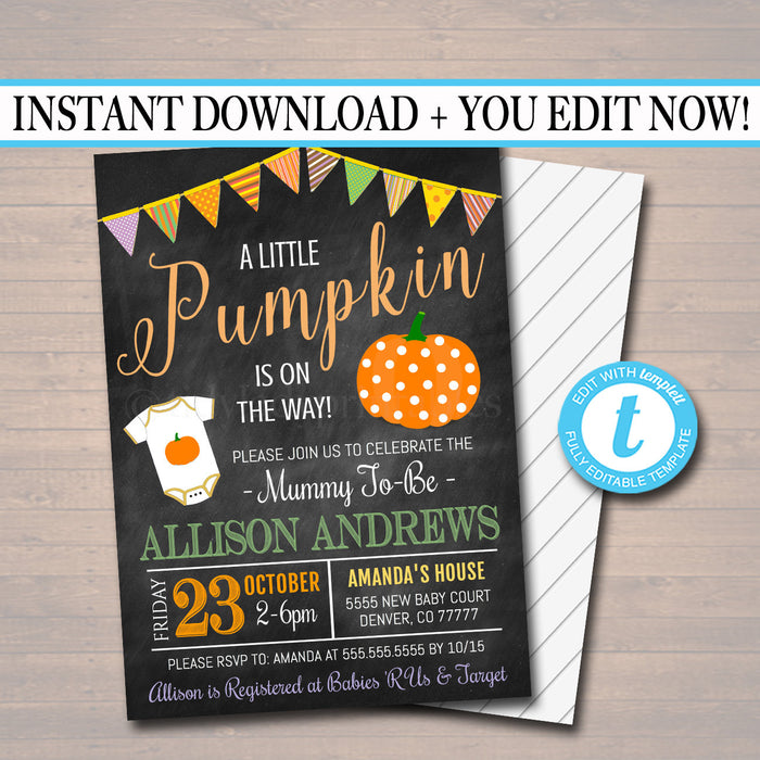 Halloween Baby Shower Party Invitation, Halloween Invite, Gender Reveal Witch, A little Pumpkin is on it's Way!