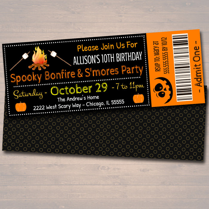 Bonfire Invitation, Kid's Birthday Invite, Fall Harvest Printable Invitation Halloween, S'mores Pumpkin Carving Ticket Template