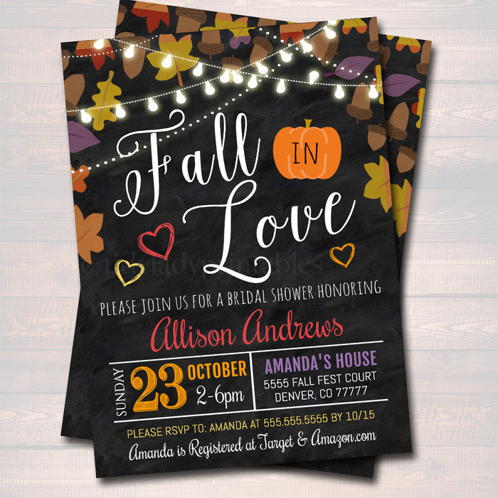 Fall In Love Bridal Couples Shower Party Invitation, Wedding Halloween Bachelorette Invite, Fall Leaves Pumpkins,