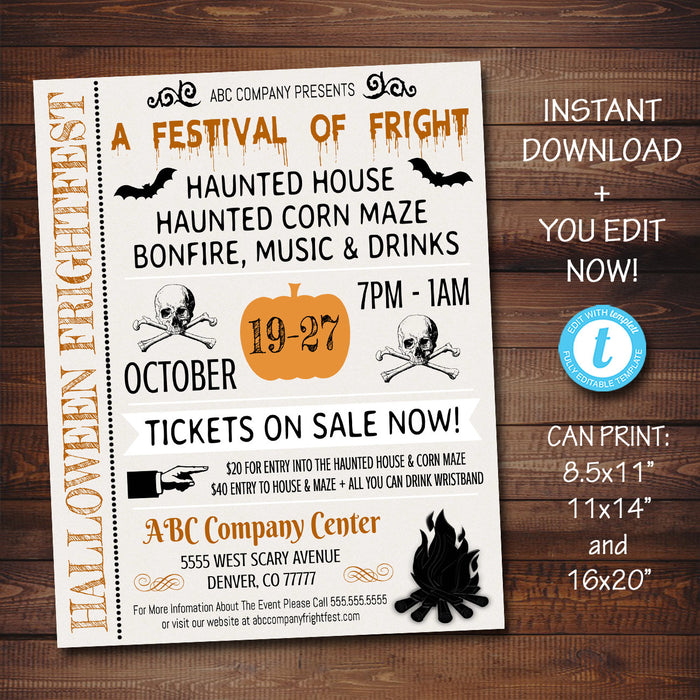 Halloween Flyer/Invitation Printable Halloween Event, Community Business Bar Adult Halloween Haunted House Bonfire Poster Template