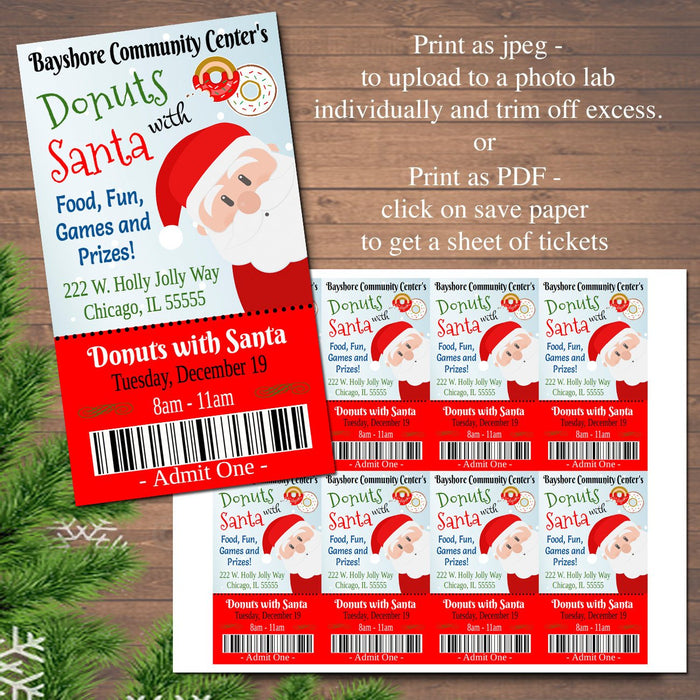 Donuts with Santa Flyer & tickets Breakfast with Santa Invitation, Kids Christmas Party, Printable Community Holiday Event Flyer