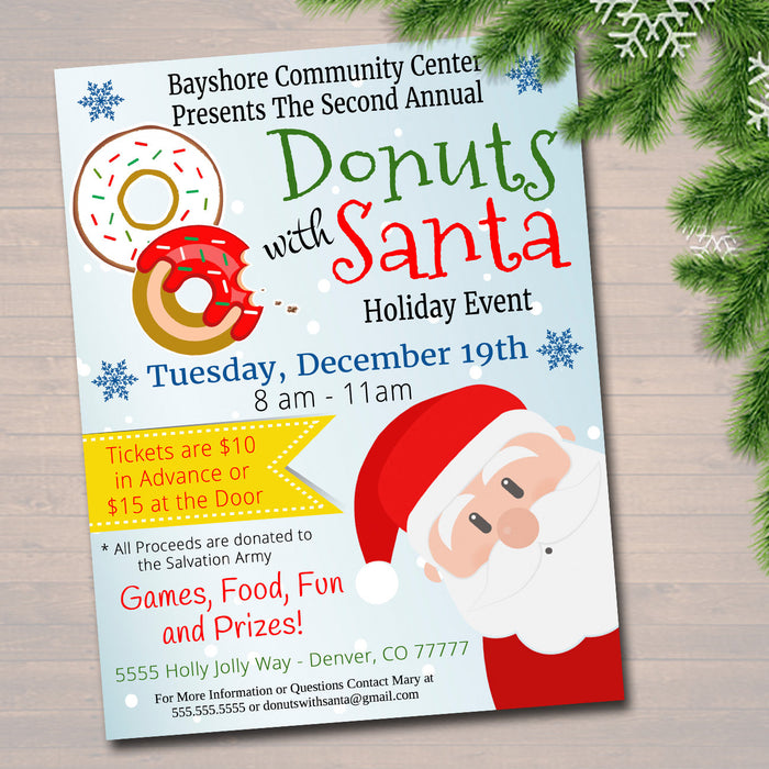 Donuts with Santa Flyer & tickets Breakfast with Santa Invitation, Kids Christmas Party, Printable Community Holiday Event Flyer