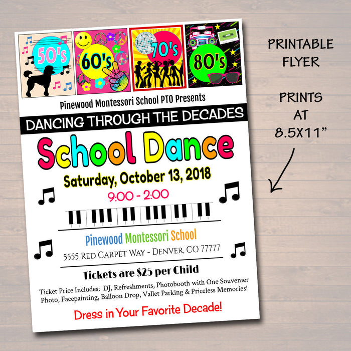 Dancing Through The Decades School Dance Set, Dance Flyer Party Fundraiser Church Community Event, pto, pta,