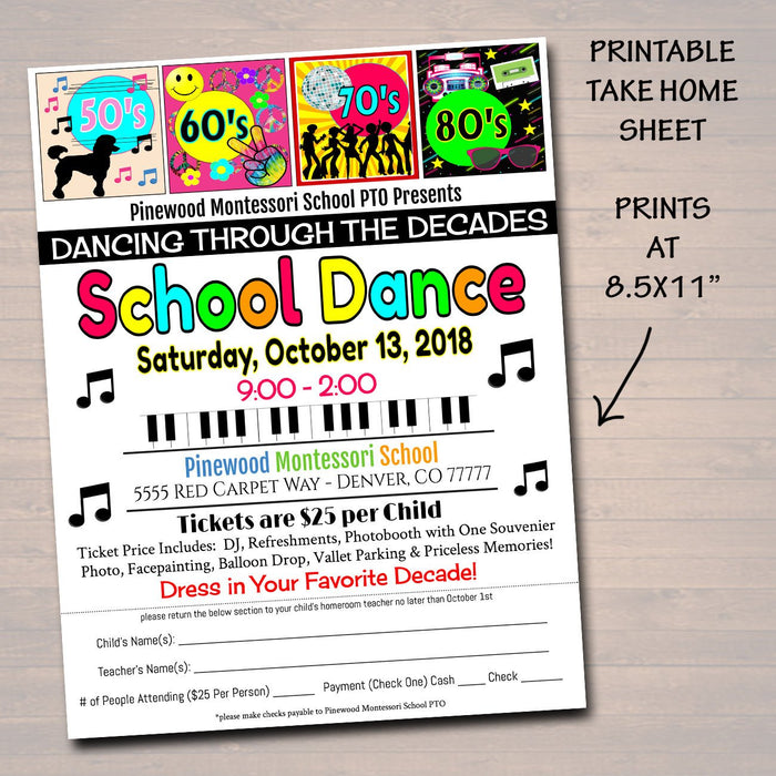 Dancing Through The Decades School Dance Set, Dance Flyer Party Fundraiser Church Community Event, pto, pta,