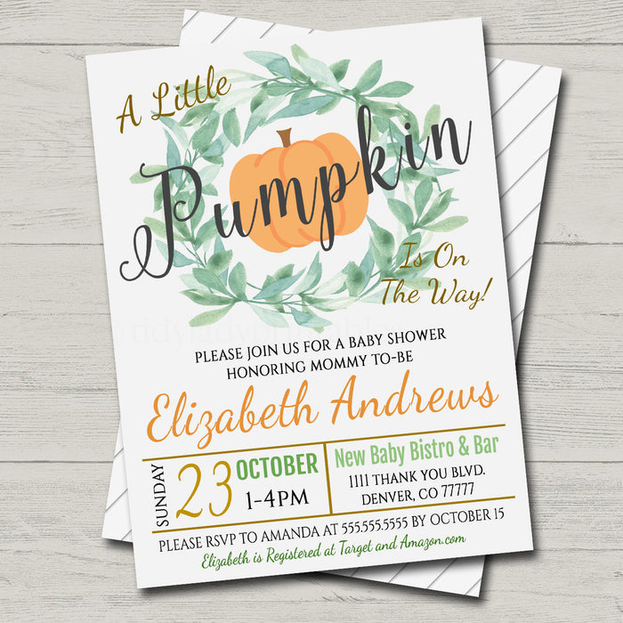 Rustic Fall Baby Couples Shower Party Invitation, Halloween Invite Gender Reveal, A little Pumpkin is on it's Way!