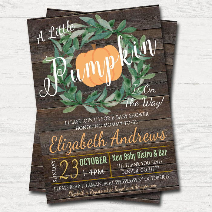Rustic Fall Baby Couples Shower Party Invitation, Halloween Invite Gender Reveal, A little Pumpkin is on it's Way!