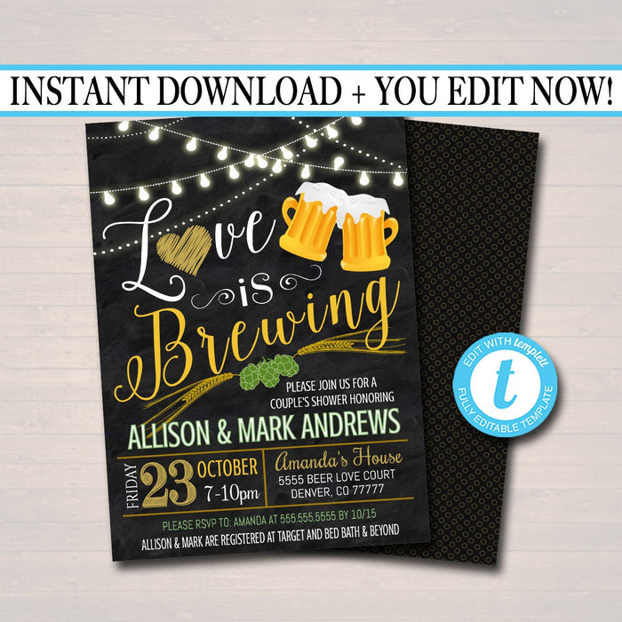 Love is Brewing Bridal Couples Shower, Beer Keg Party, Wedding Chalkboard Invitation, Lucky St. Patricks Day,