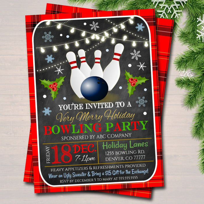 Holiday Bowling Party Invitation, Christmas Invitation, DIY  Invite, Xmas Company Party Invitation Flannel Plaid Retro Party