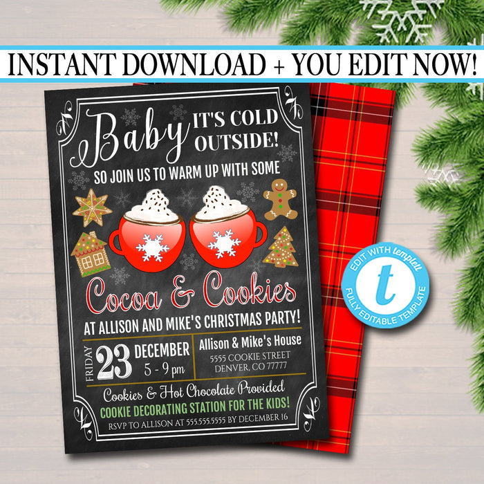 Hot Cocoa & Cookies Xmas Party Invitation Adult Christmas Baby Shower Invite Holiday Cookie Exchange  Plaid