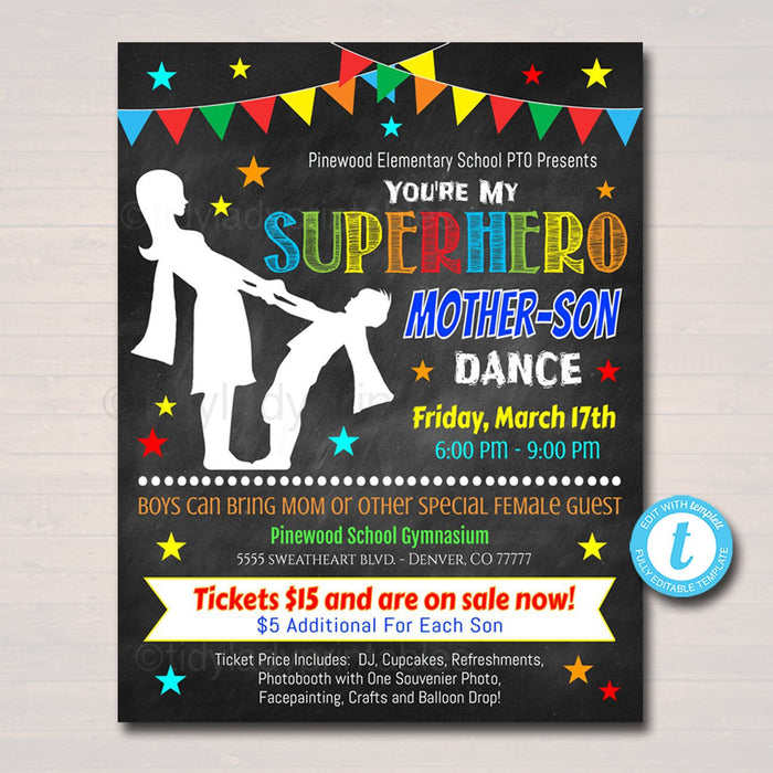 Mother Son School Dance Printable Flyer,  Template, Pto Pta Invitation, School Church Fundraiser Event Superhero