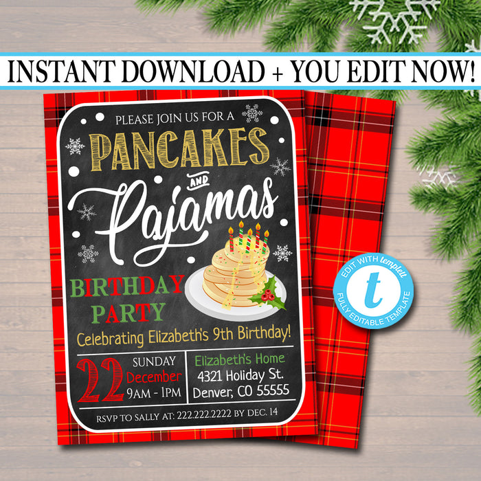 Pancakes and Pajamas Xmas Birthday Party Invitation, Christmas Invite, Holiday Brunch Sleepover Plaid Invitation,