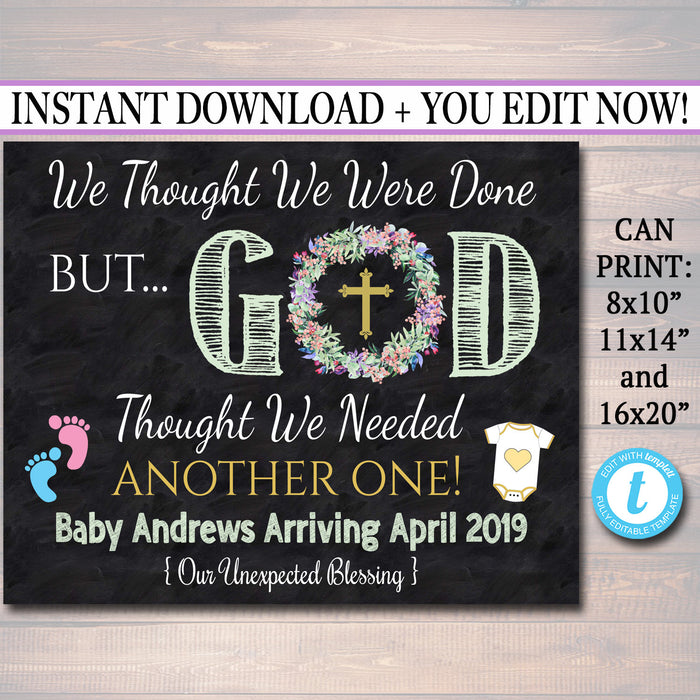 Religious Pregnancy Announcement, Printable Chalkboard Poster, Surprise Baby Reveal, Thought We Were Done God Thought We Needed Another One