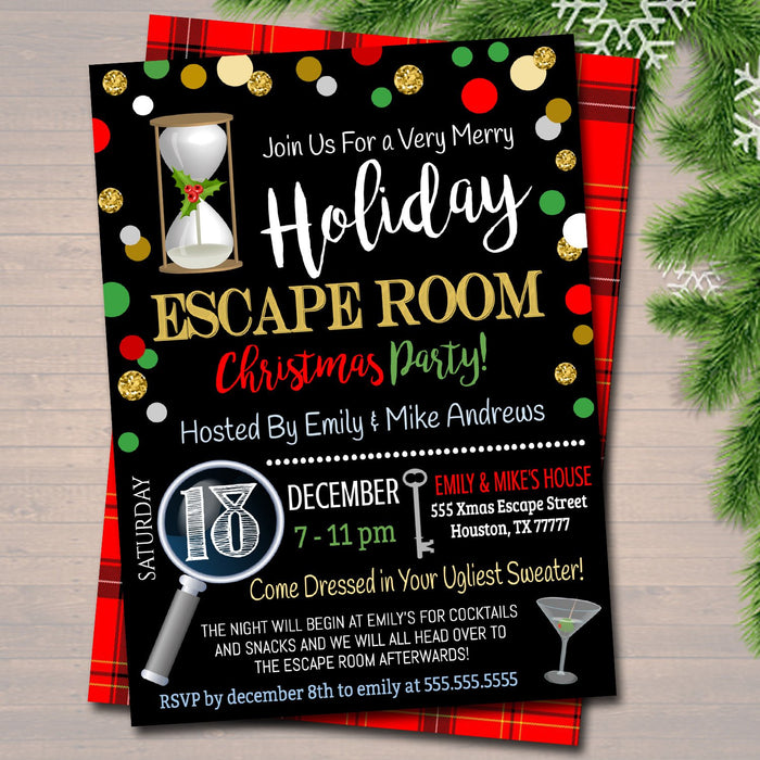 Printable Holiday Escape Room Invitation, Christmas Party Invitation, Work Corporate Party Invite Adult Christmas Event, Ugly Sweater Invite