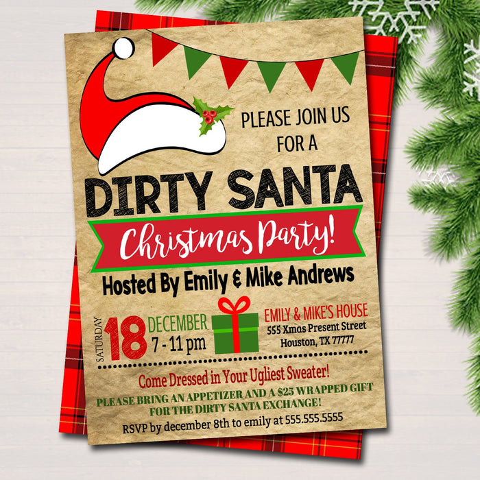 Dirty Santa Exchange Party Invitation, Bridal Shower Invite, Teacher Party Holiday Invite, Dirta Santa Gift Party
