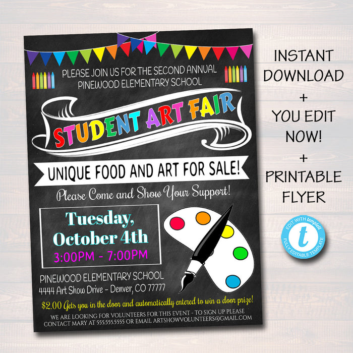 Student Art Fair Flyer - Fundraiser Creative Art School Event - DIY Editable Template