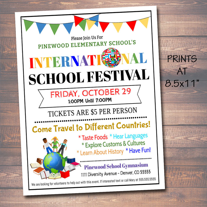 International School Festival Flyer Invite & Take Home Info Sheet - Editable Template