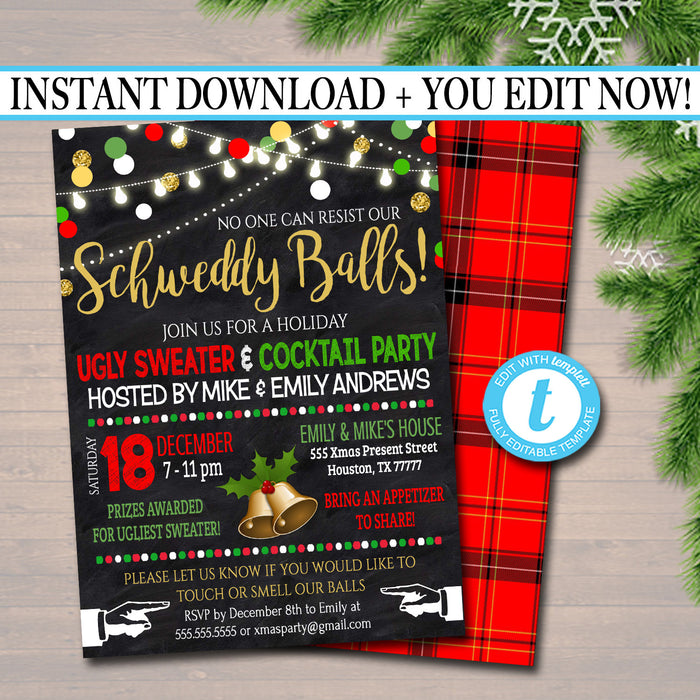 Funny Christmas Party Invitation, Schweddy Balls Dirty Santa Party Holiday Invite, Ugly Sweater Hipster Gift Party