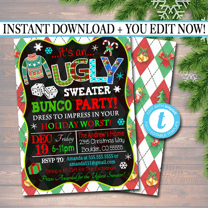 Ugly Sweater Bunco Party Invitation, Christmas Party Invitation, Holiday Worst Invite Adult Xmas Party, Holiday Ugly Sweater Invite