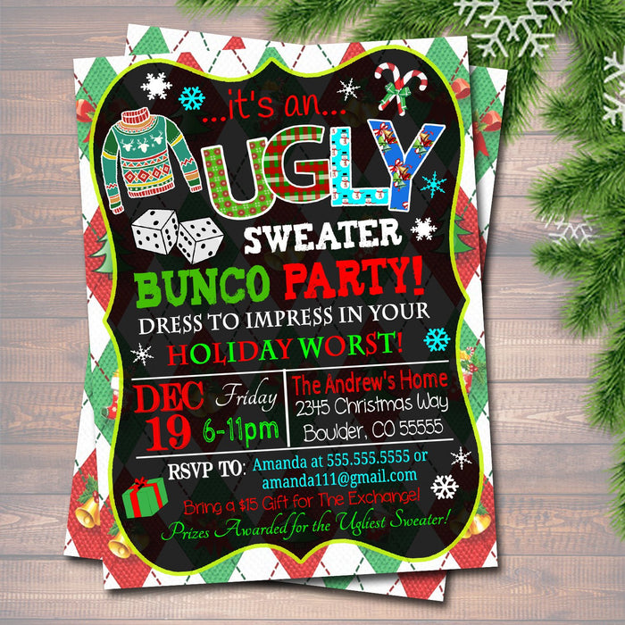 Ugly Sweater Bunco Party Invitation, Christmas Party Invitation, Holiday Worst Invite Adult Xmas Party, Holiday Ugly Sweater Invite