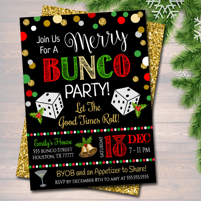 Christmas Bunco Party Invitation, Holiday Merry Bunco Dice Party Invitation, Adult Xmas Cocktail Party, Holiday Printable Invite