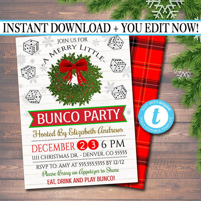 Christmas Bunco Party Invitation, Holiday Merry Bunco Dice Party Invitation, Adult Xmas Cocktail Party, Holiday Printable Invite
