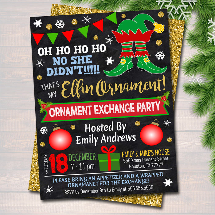 Elfin Ornament Exchange Party Invitation Xmas Ladies Invite, Bachelorette Party Holiday Elfed Up Dirta Santa Party