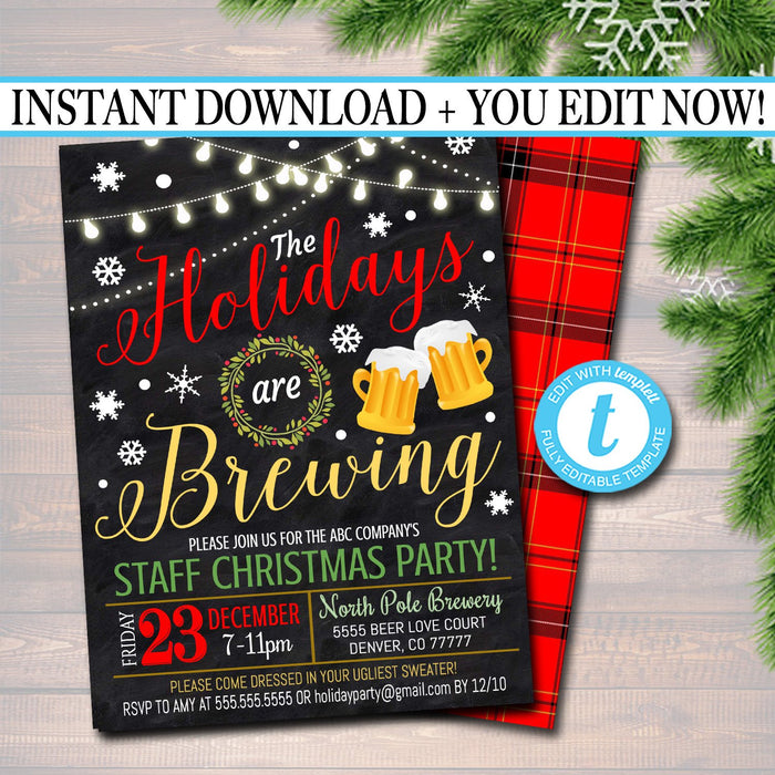 Holiday Brewery Party Invitation, Christmas Invitation, DIY  Invite, Xmas Company Party Invitation Flannel Plaid Beer Party