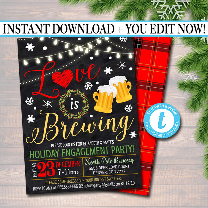 Holiday Brewery Party Invitation, Christmas Invitation, DIY  Invite, Xmas Love is Brewing Party Invitation Flannel Plaid