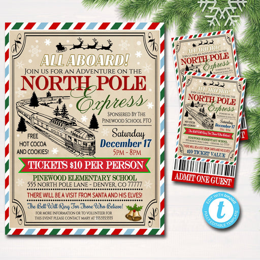 EDITABLE North Pole Polar Express Train Event with Santa Flyer & Ticket Invitation, Kids Christmas Party, Printable School Church Holiday